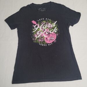 Hard Rock Pink Floral Guitar Love All Serve All T-shirt Womens Large Black